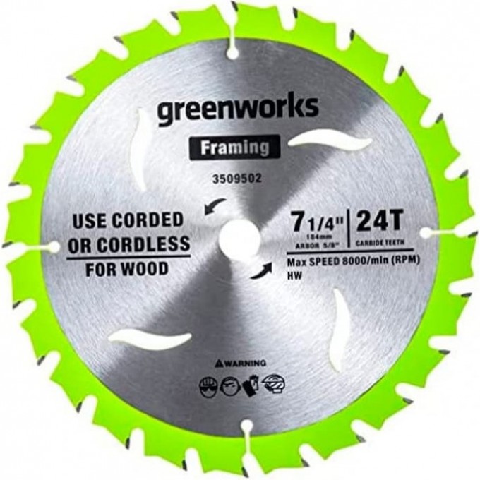 Диск по дереву GREENWORKS Ø184 мм 24T для пилы 1500907 2943407 Диск по дереву GREENWORKS Ø184 мм 24T для пилы 1500907 2943407